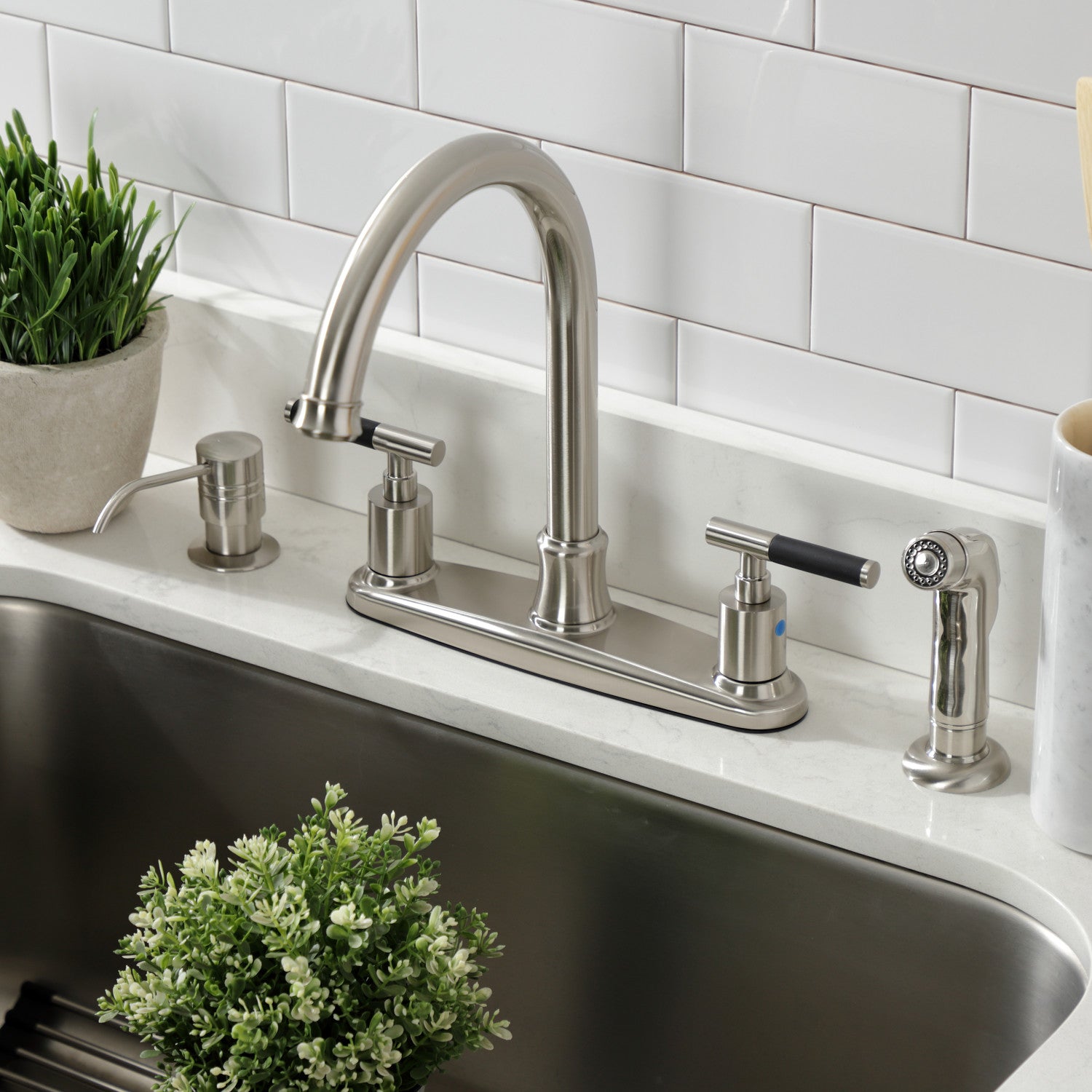 Kingston Tulare FB7798CKLSP - Kaiser Two-Handle 4-Hole 8" Centerset Kitchen Faucet with Side Sprayer, Brushed Nickel — thumbnail 2